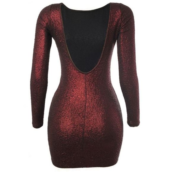 Women's Long Sleeved Red Glitter Open Back Mini Dress - Picture 2 of 2